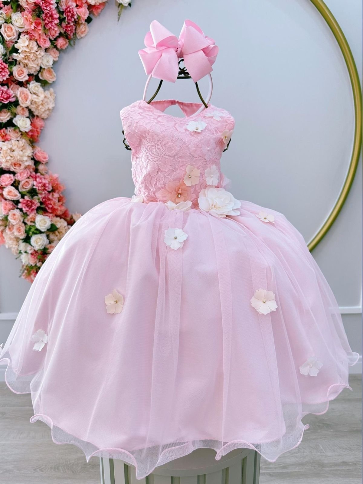 Infantil - Vestido Festa Rosa Claro Flores Formatura Florista Casamento Renda Dama Daminha Social Menina Juvenil Pérolas Princesa Rodado Aniversário Luxo