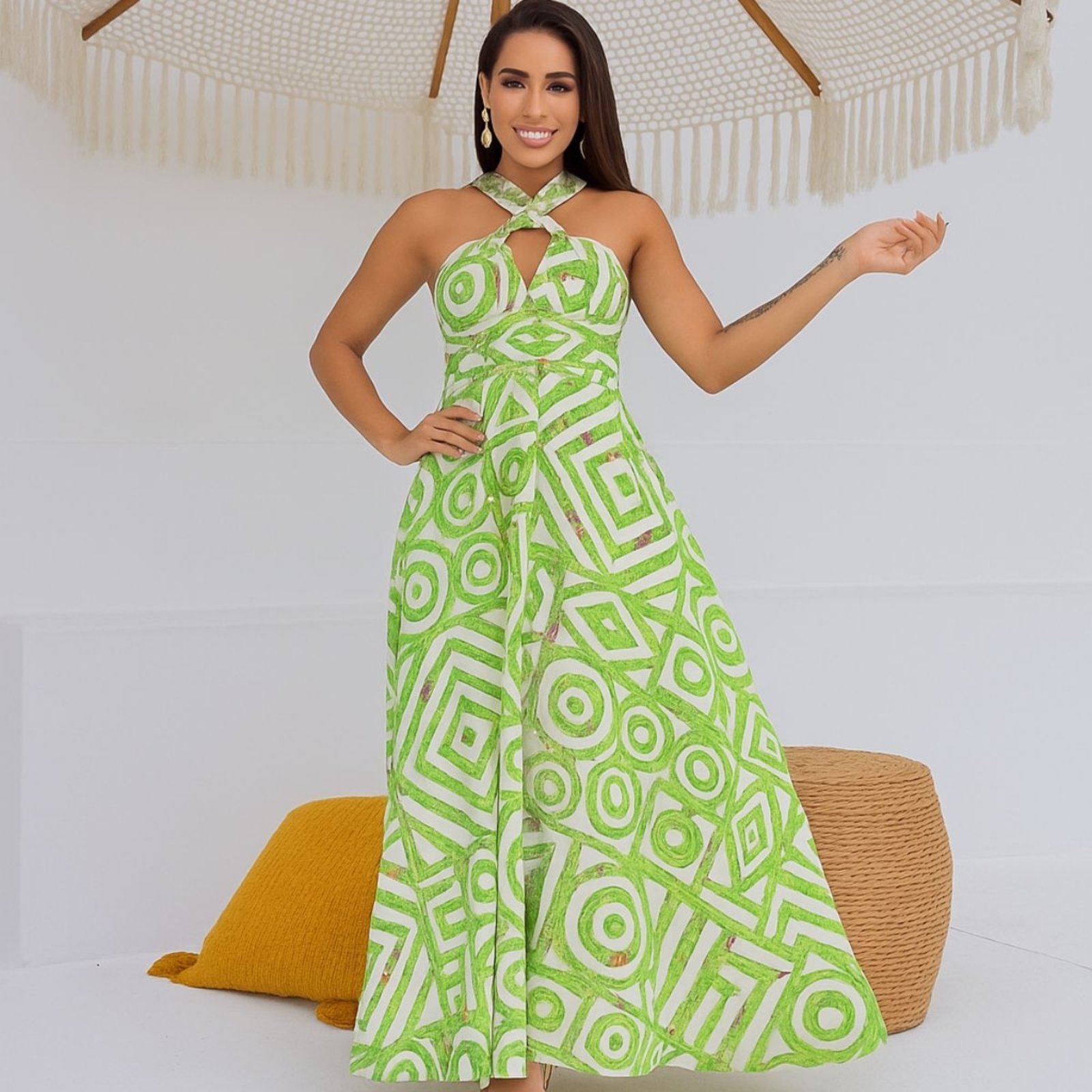 Vestido Longo FMF Indiano Frente Única com Amarração Versátil Verde