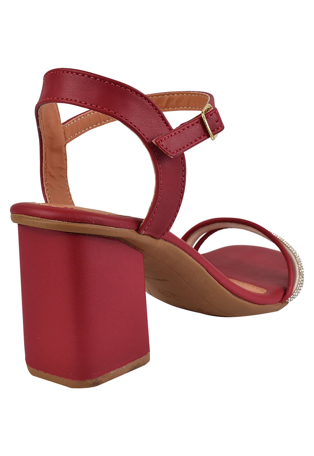 Sandália Salto Grosso Rosa Chic Calçados Feminino Salto Baixo Bloco Brilho Strass Bico Quadrado Vermelho