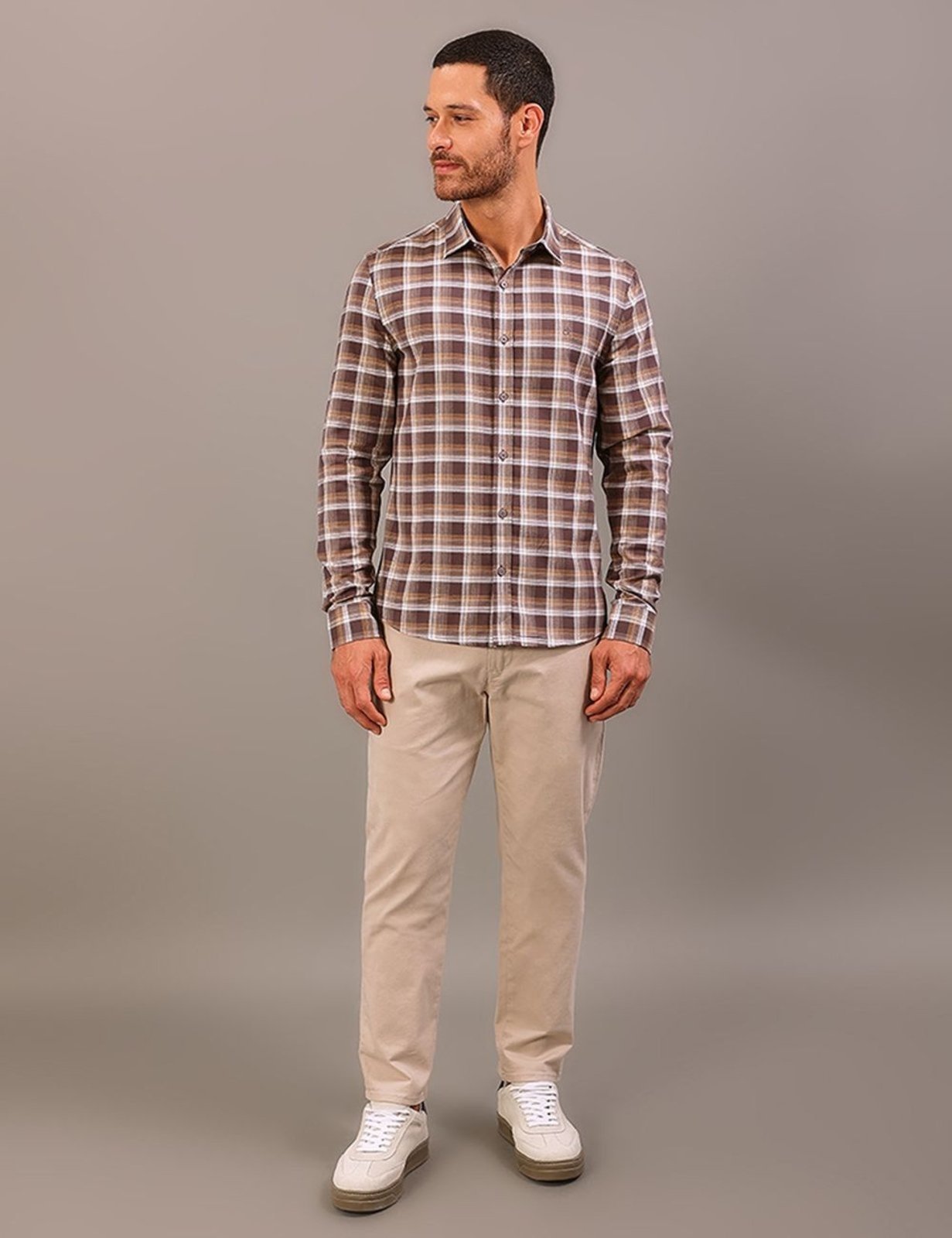 Camisa Manga Longa Slim Sarja Leve Xadrez - Marrom Calvin Klein Jeans