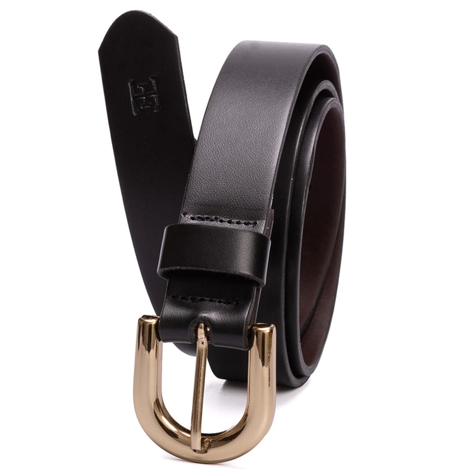Cinto feminino em couro com fivela dourada na cor preto