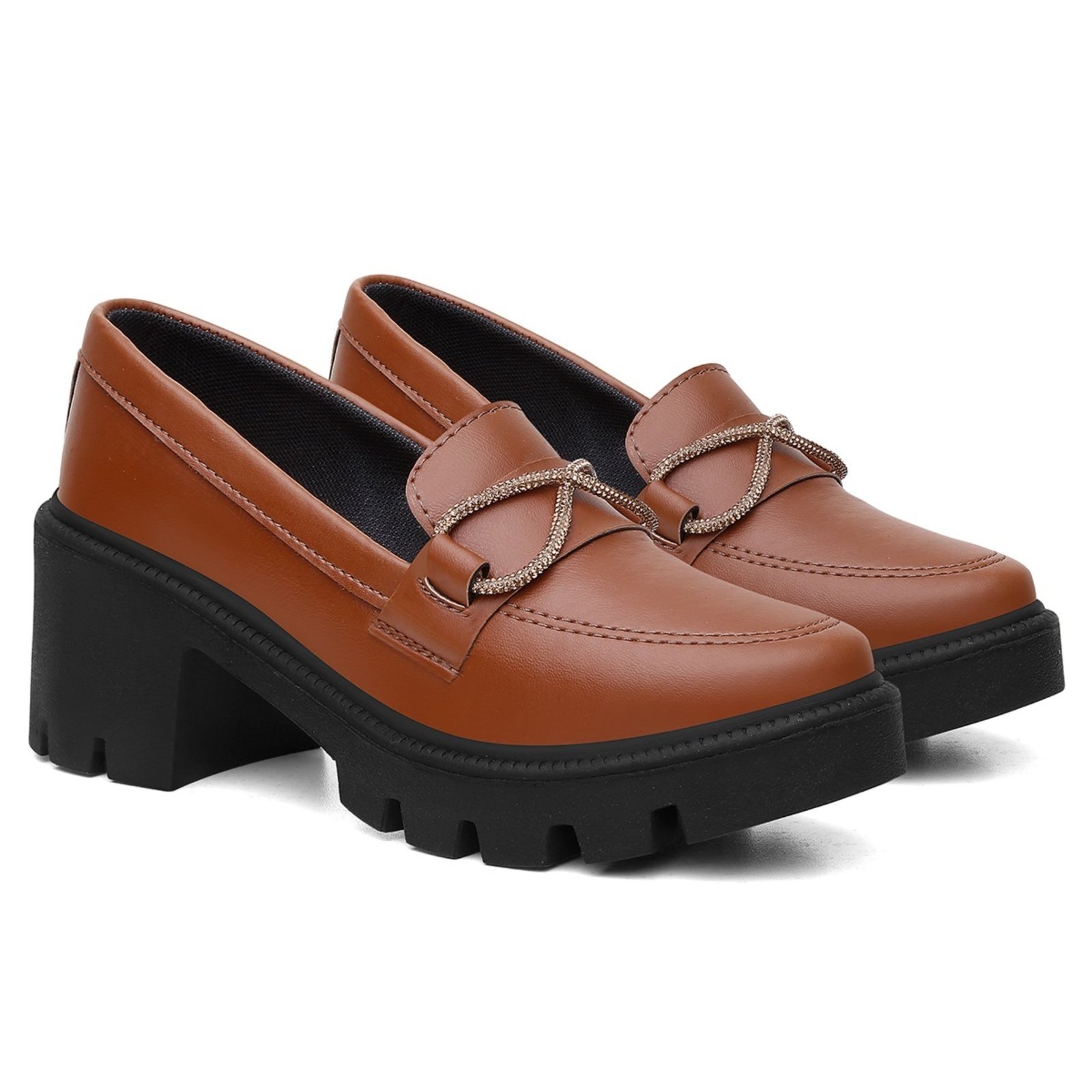 Sapato Mocassim Feminino Veritimo Oxford Casual Salto Baixo Moderno Versátil Caramelo