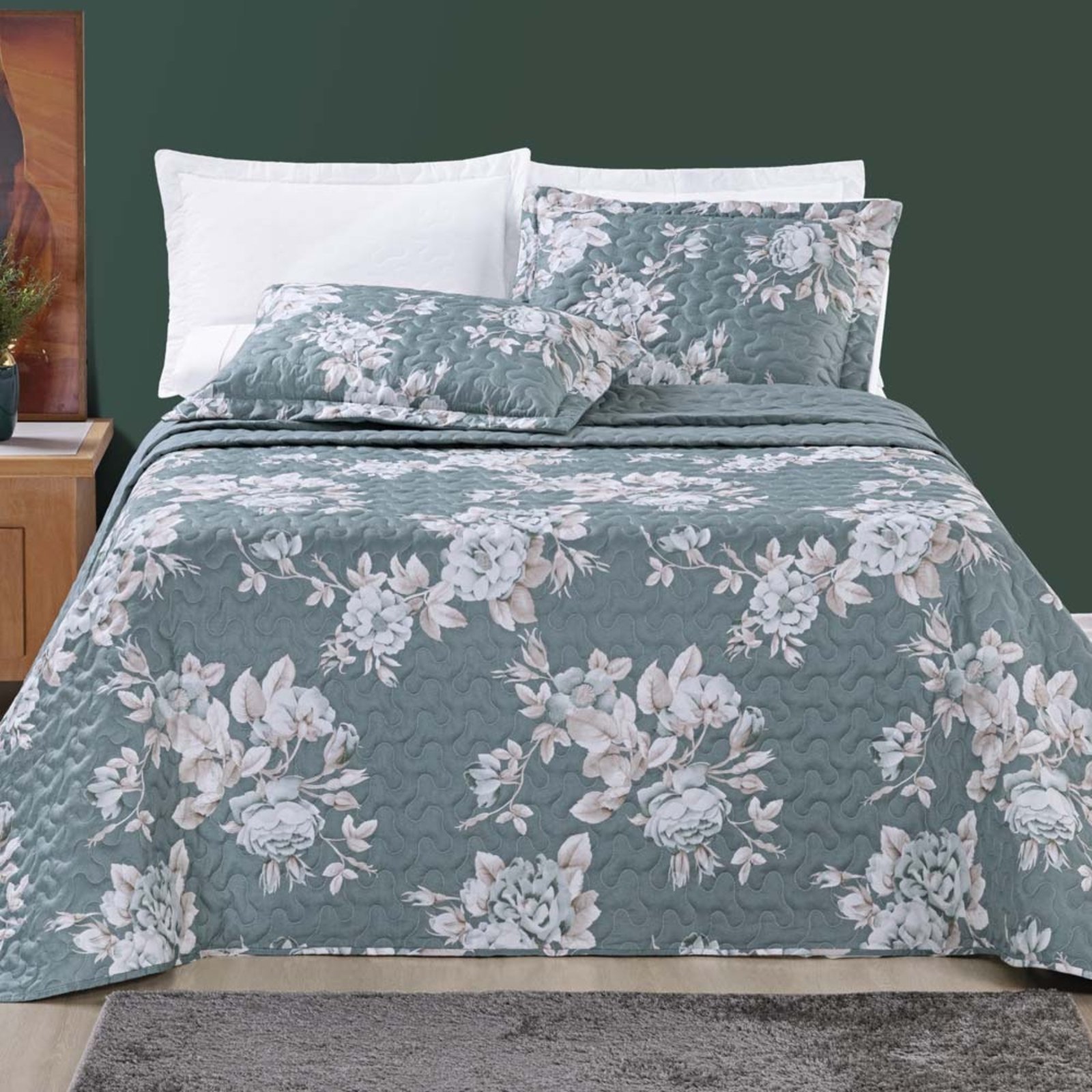 Kit Cobre Leito Colcha Casa Scarpa Celi Casal Padrão Dupla Face Micropercal 200 Fios 3 Peças - Verde Floral
