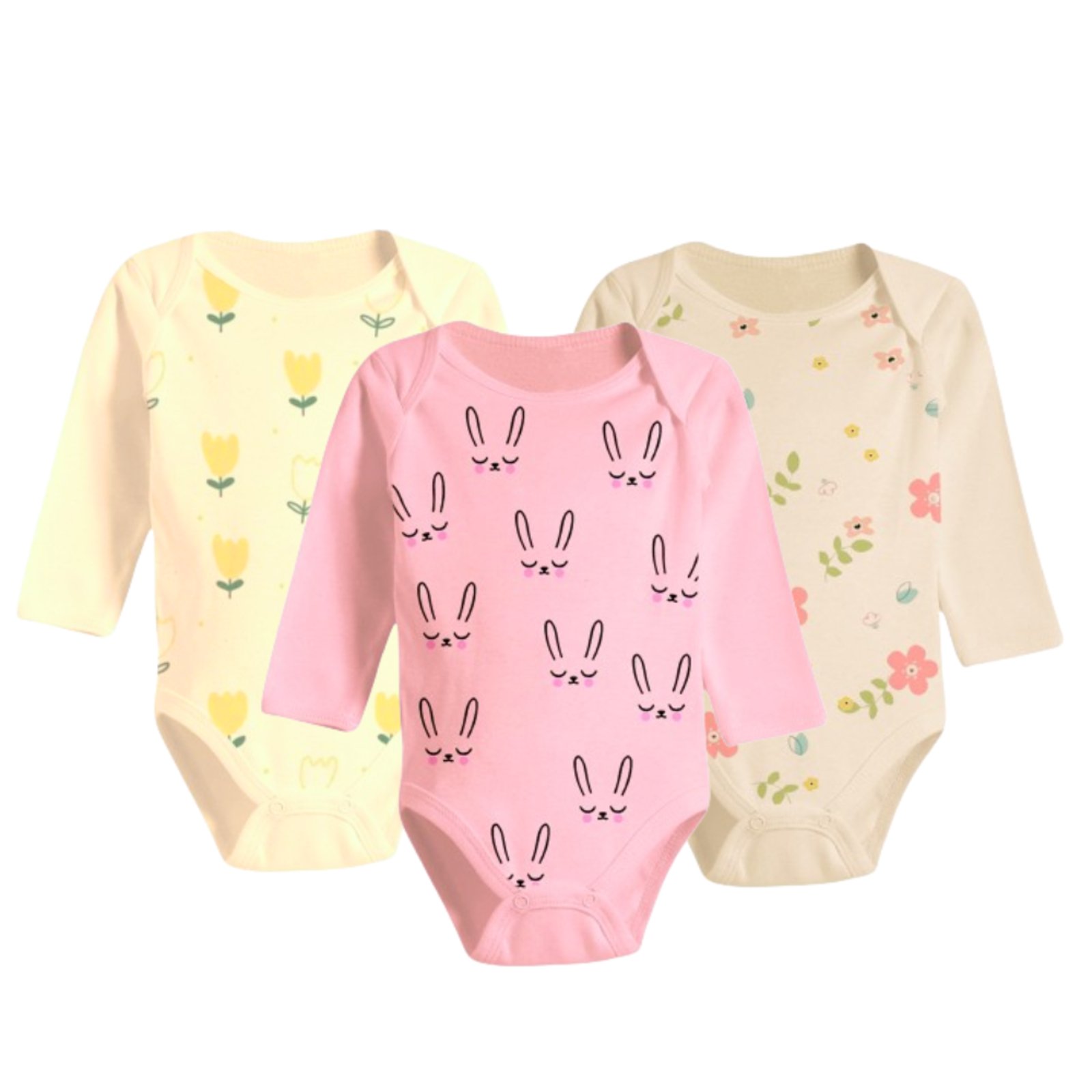 Infantil - Kit Enxoval Roupa de 3 Peças Body Manga Longa Estampado Rosa
