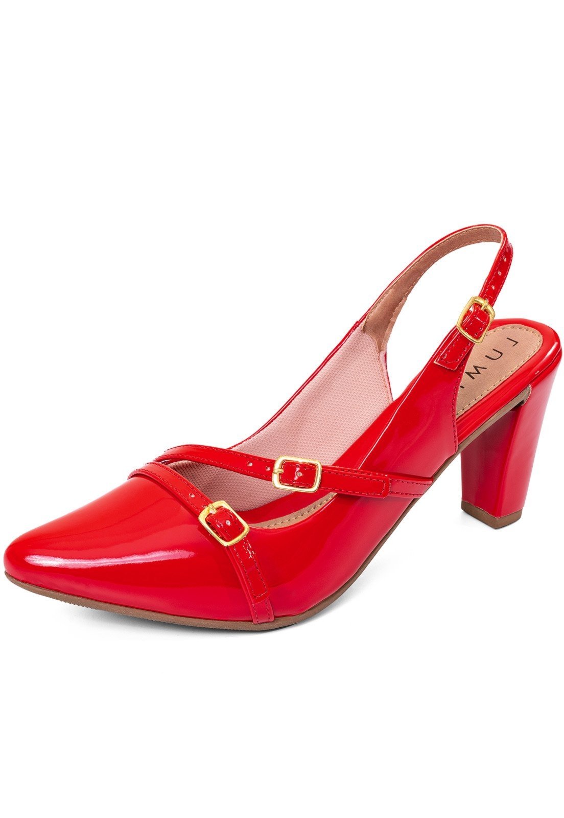 Scarpin Feminino Lumiss Slingback Salto Fino Confortável Bico Fino Fivelas Verniz Vermelho