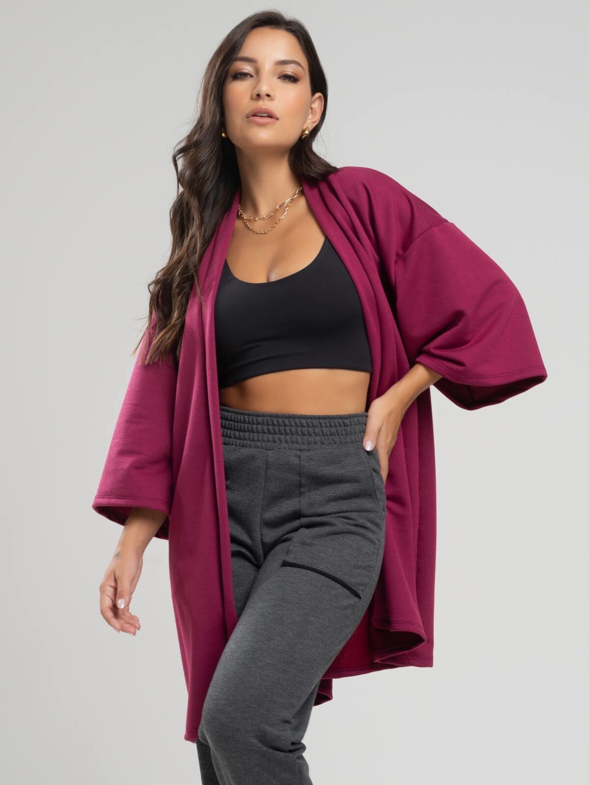 Casaco Kimono Overzide Moletinho Manga Longa Feminino Moda Casual Vicbela Vinho