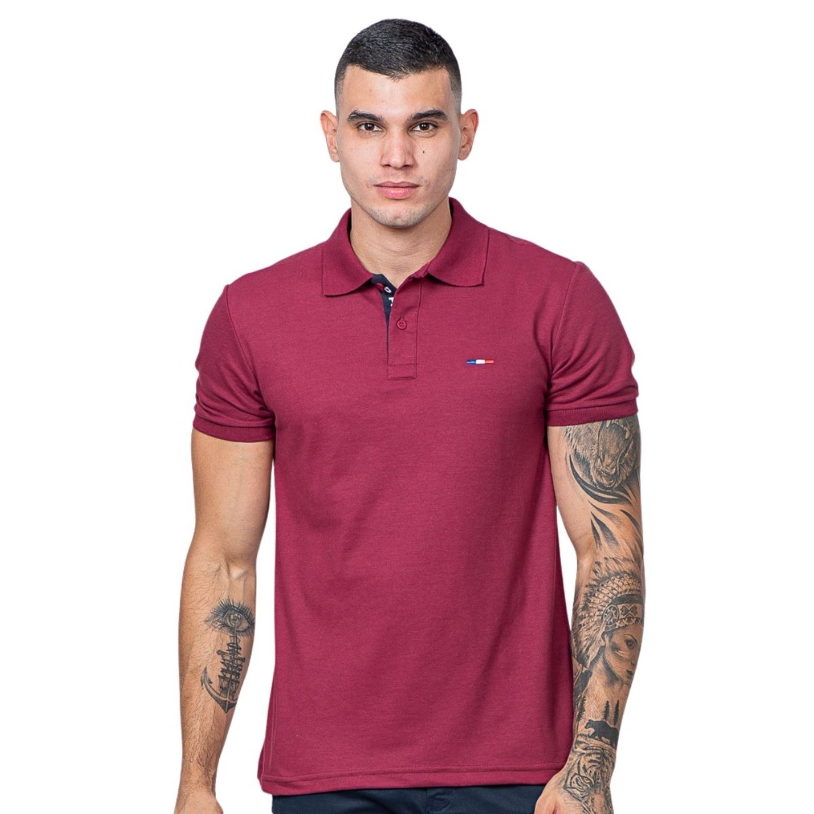 Camisa Polo FMF Masculina Básica Industrie Piquet no Estilo Tommy Bordado França Bordô