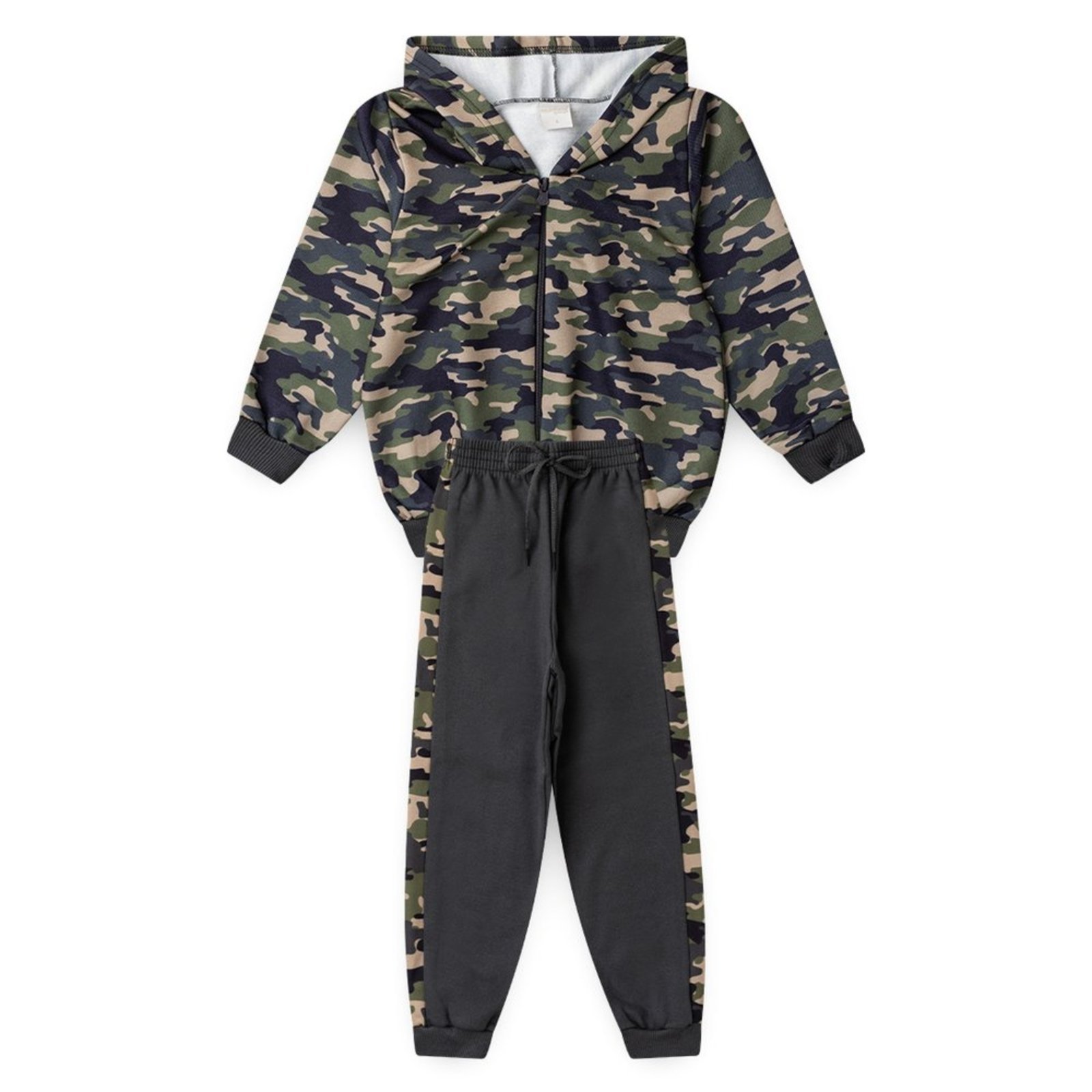 Infantil - Conjunto Inverno Menino Cinza Jaqueta com Capuz e Calça em Moletom com Recortes Camuflado