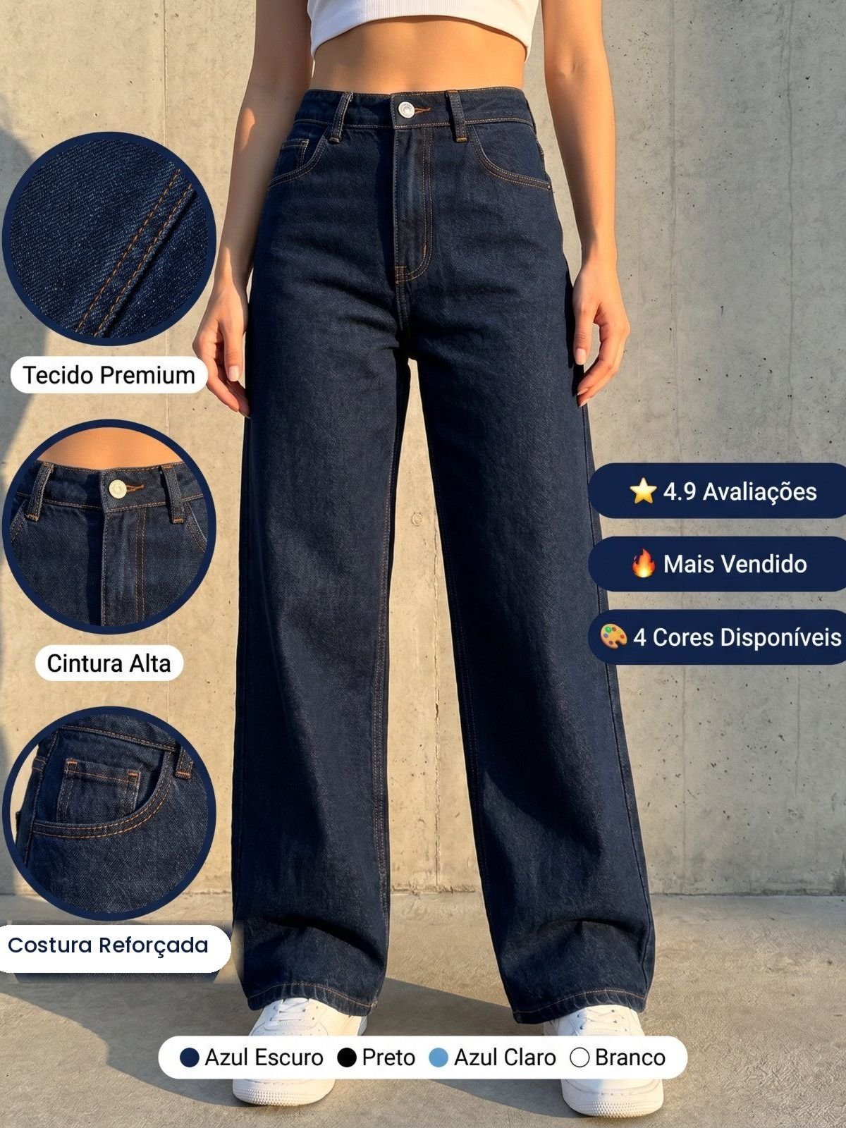 Calça Jeans Wide Leg Feminina Safira Moda Pantalona Azul Escuro