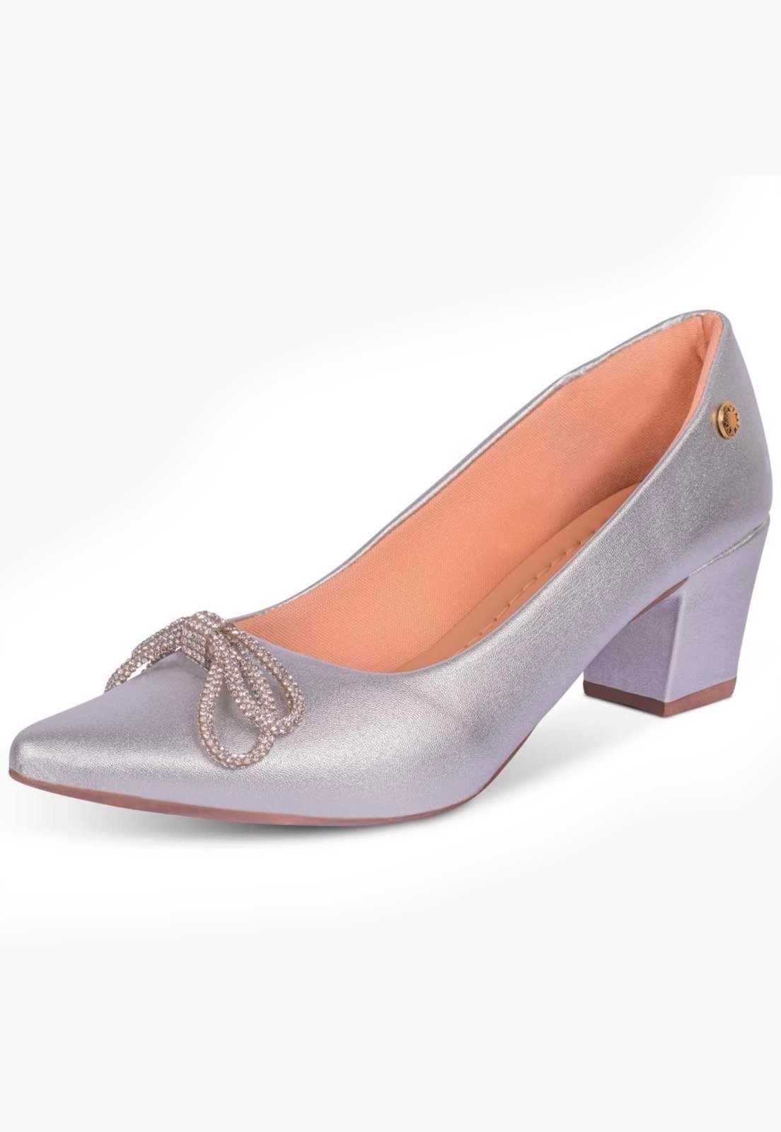 Scarpin Feminino Takata Salto Baixo Bloco Sapato Bico Fino Com Laço Metalizado Prata