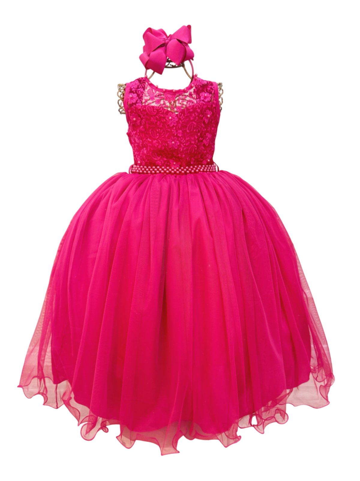 Infantil - Vestido Longo Renda Social Rosa Pink Fucsia Formatura Luxo Festa Casamento Pérolas Laço Dama Daminha Menina Juvenil Juvenil Princesa Rodado Florista Aniversário