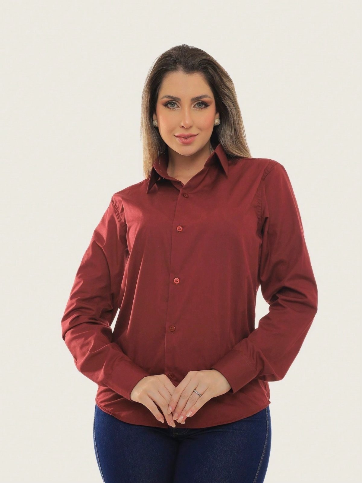 Camisa Social Feminina Manga Longa Slim Vinho
