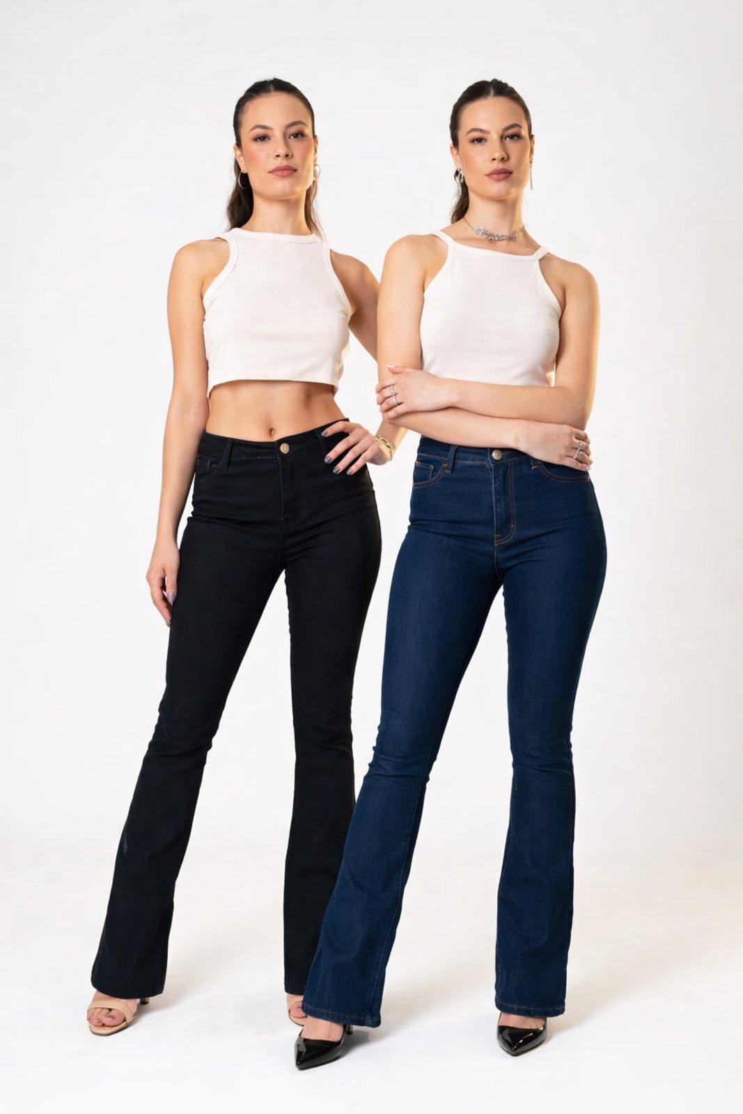 Kit 2 Calças Flare Jeans Feminina Yellow Jeans Azul Escuro e Preto Cintura Alta