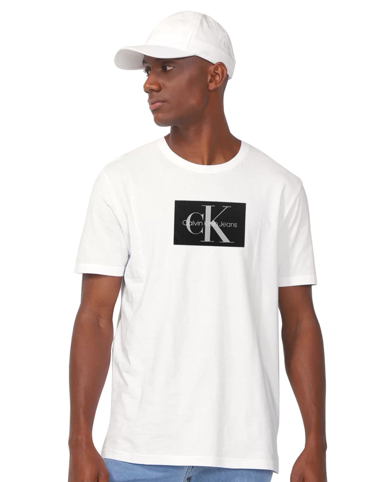 Camiseta Calvin Klein Jeans Masculina Issue New Logo Black Block Branca