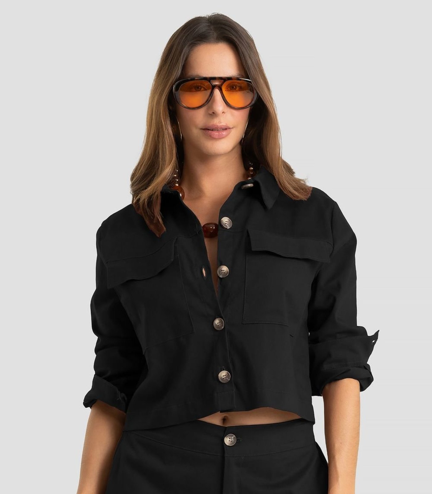Camisa Feminina Manga Longa Em Sarja Dianna Preto