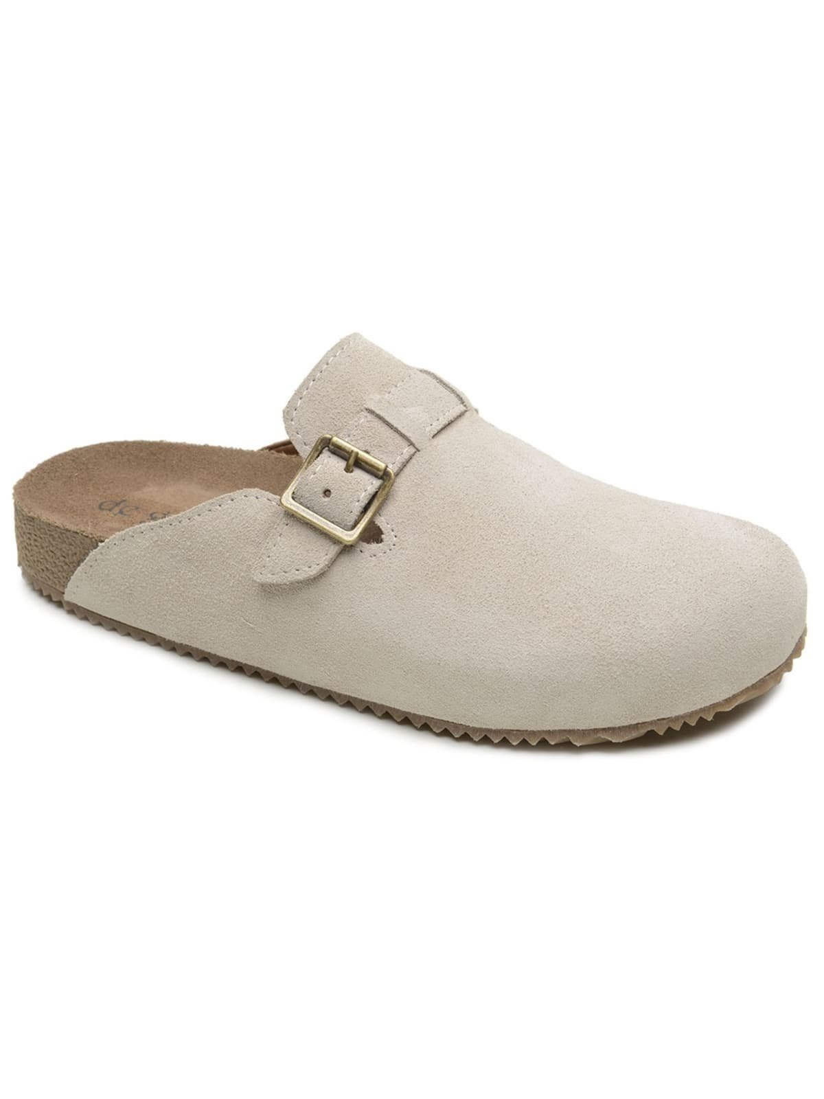 Sandália Clog Feminina Couro Genuíno Fivela Ajuste Conforto Bege