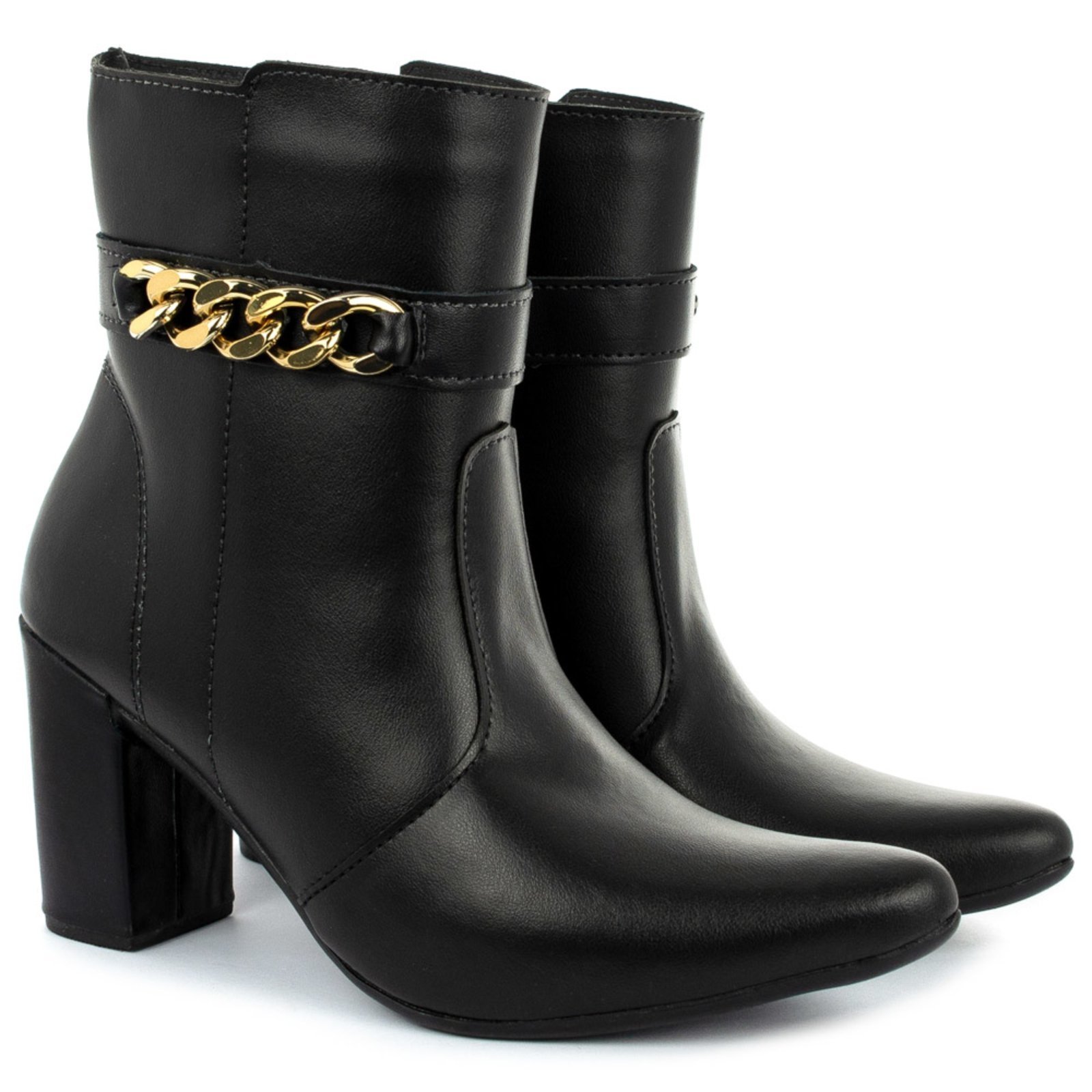 Bota bico fino salto fashion confortável com corrente OLZZY Preto