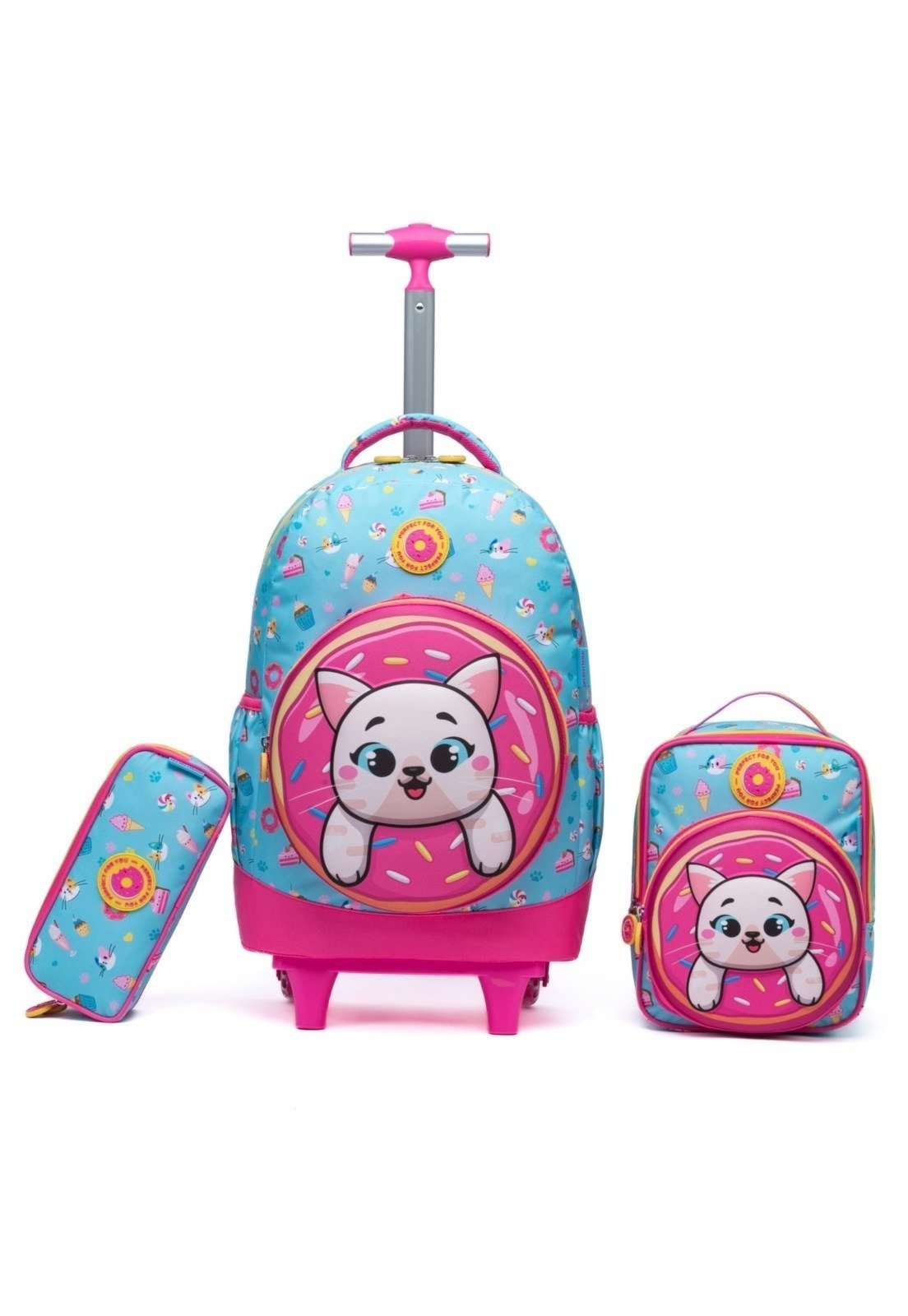 Infantil - Kit Mochila Lancheira Estojo Menina Escolar Espaçosa Gatinho Reforçada Feminina