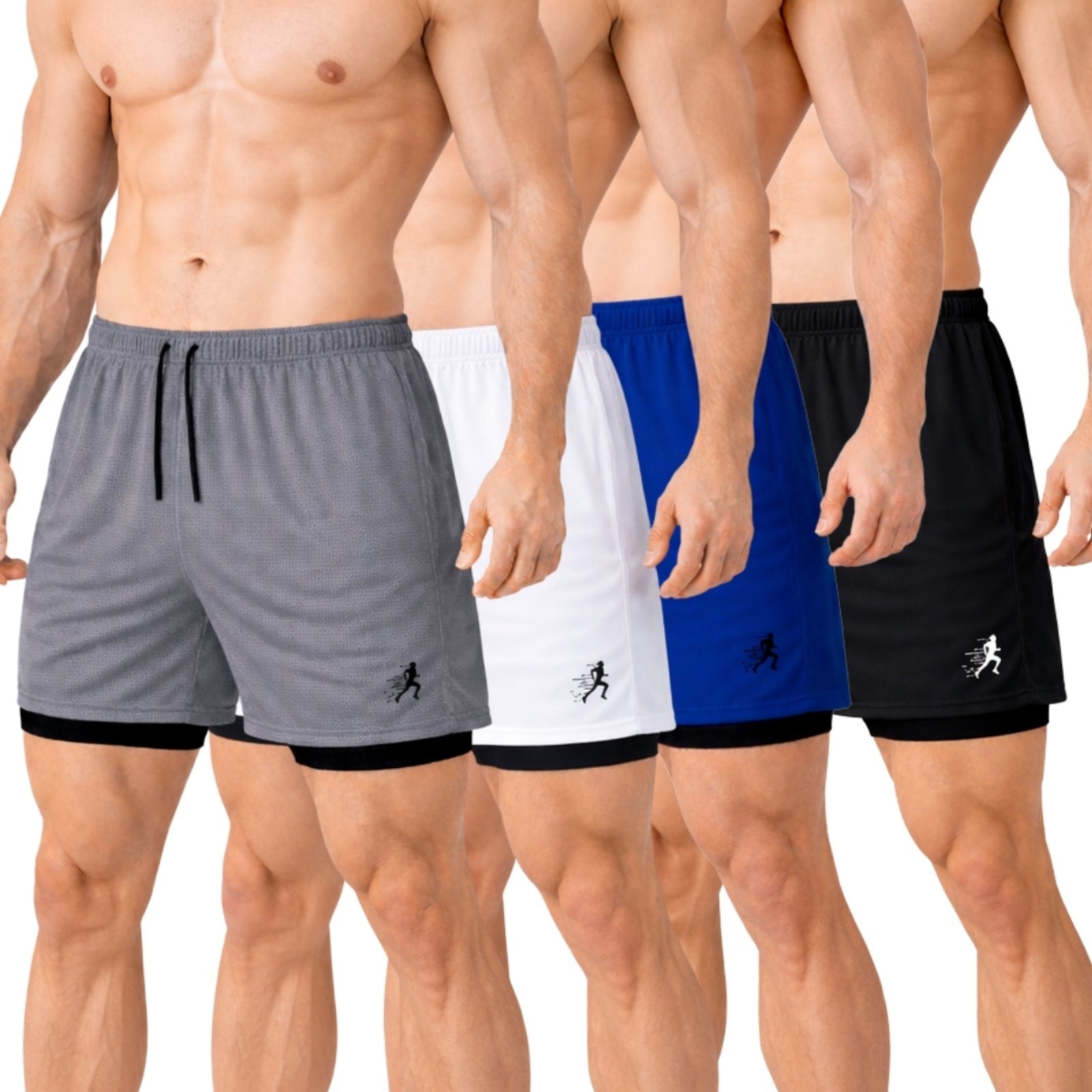 Kit 4 Short Treino Dry Fit Térmico 2 em 1 Estampado com Bolso para Celular e Porta-Toalha Calção Fitness Academia