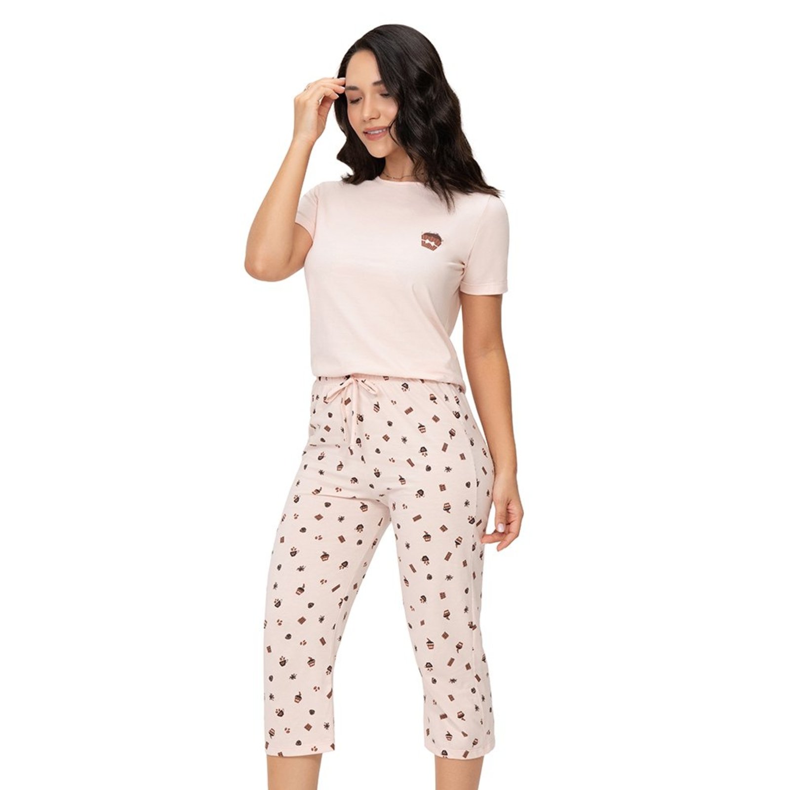 Pijama Feminino Blusa Manga Curta e Calça Capri Rosa em Algodão