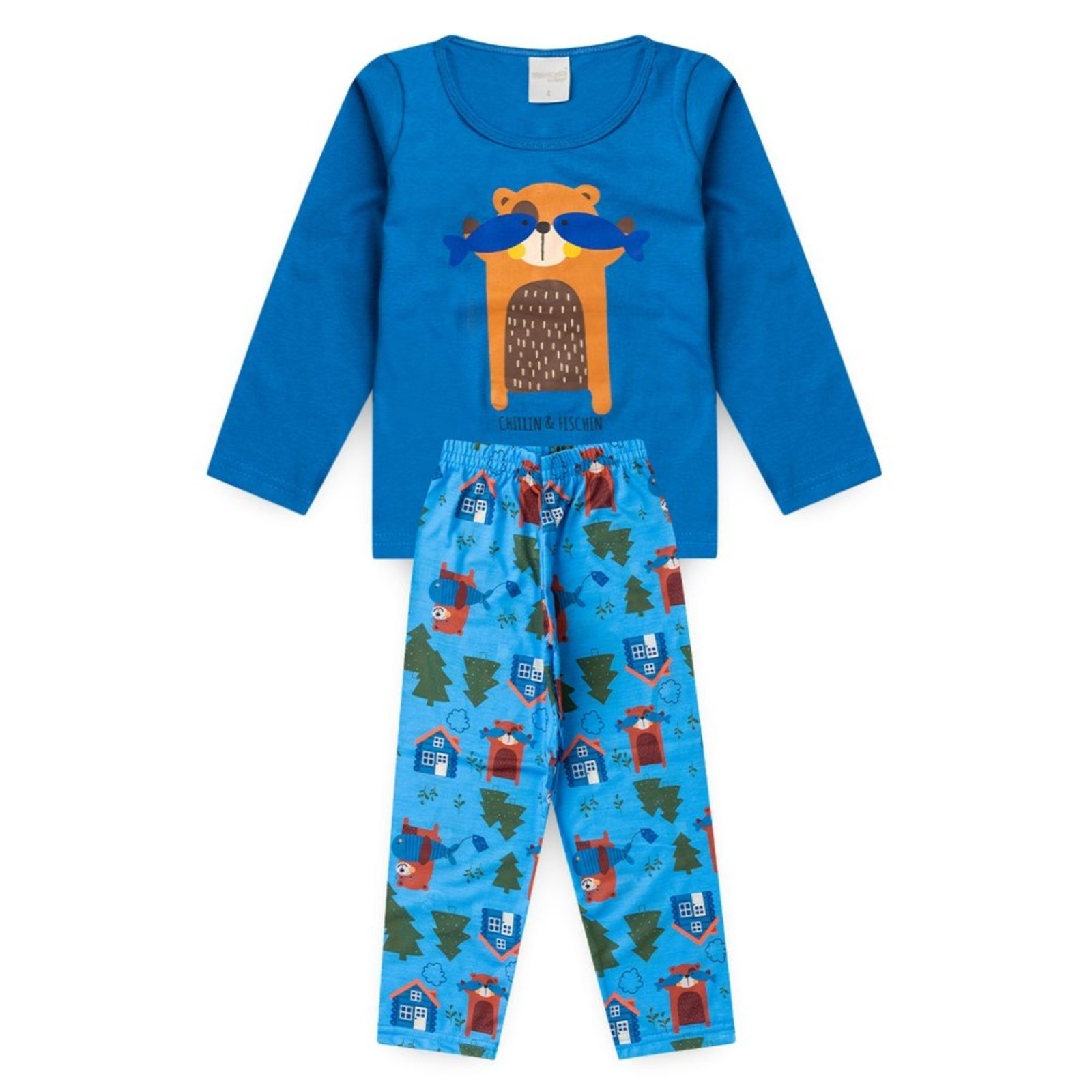 Pijama Longo Azul Menino Ursinho Pescador