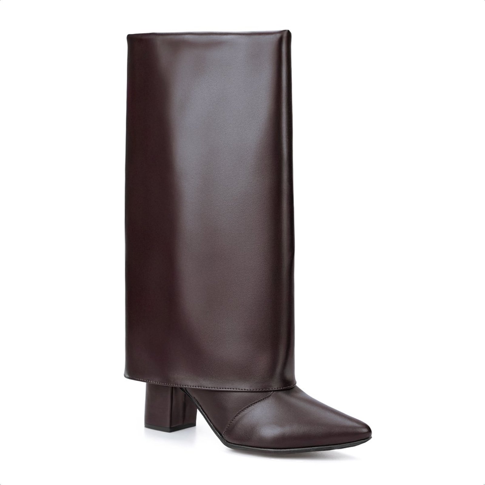 Bota Capa Domidona Feminina Cano Alto Salto Alto Bloco Bico Fino Marrom
