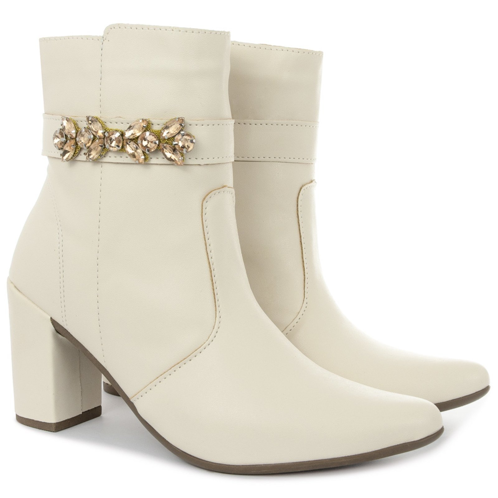Bota Bico Fino Salto Fashion Confortável com pedraria OLZZY Off White
