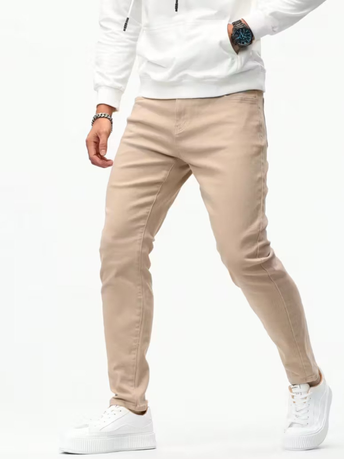 Calça Sarja Masculina Alpha Street Wear Casual e Básica Confortável Dia a Dia Bege