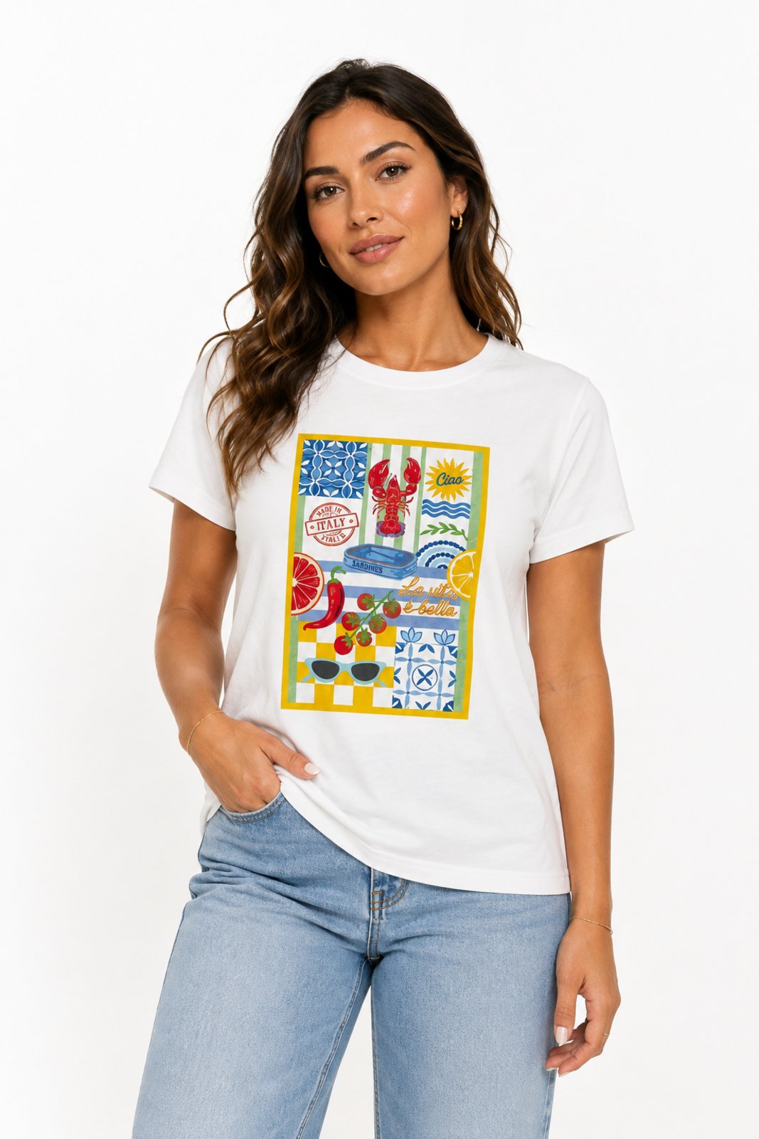 Camisa Feminina D Bell Outlet Fashion Estampa Italiana Branco