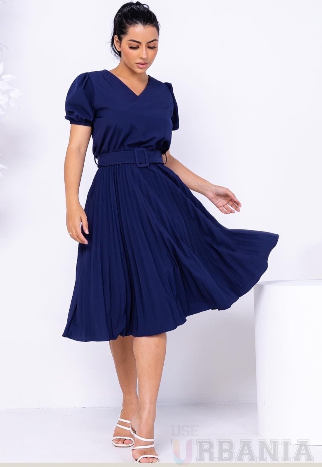 Vestido Plissado Manga Princesa azul escuro marinho Urbania