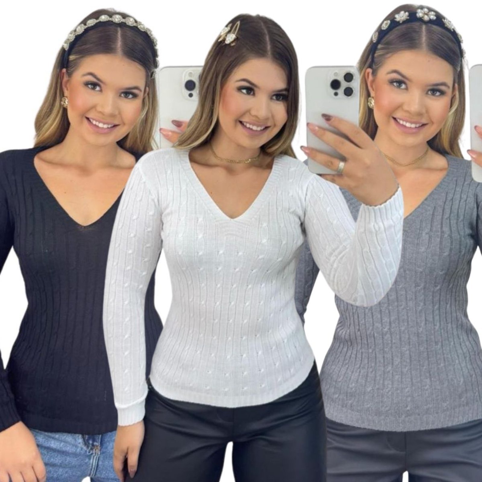 KIT 3 Blusas de Tricô FMF Sem Manga Básica Casual Preto