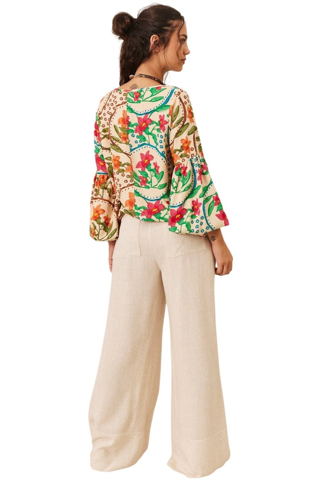 Calça Pantalona De Viscolinho Com Bolsos Bege Yacamim T7 - Nature