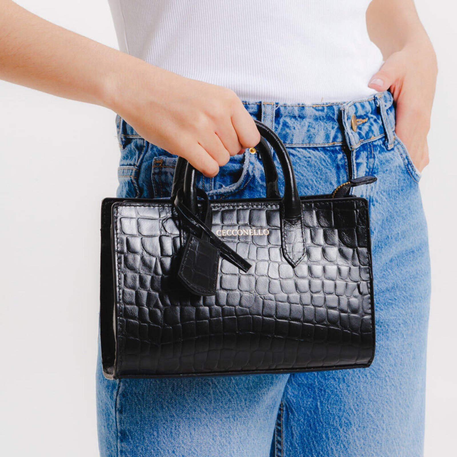 Vista 3 Bolsa Olivia Couro Croco Cecconello C2903-2 preto preto