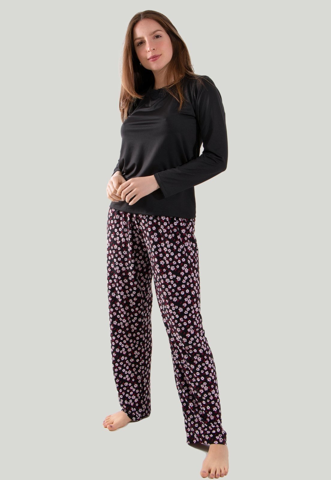 Pijama Longo de Liganete Estampas Variadas Feminino Roupa de Dormir Linha Noite Preto