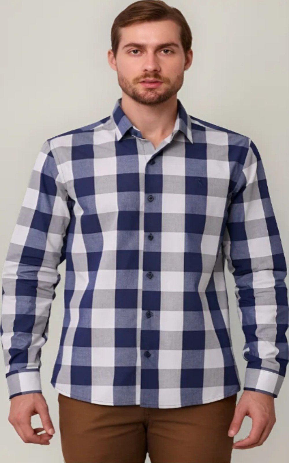 Camisa Amil Xadrez Slim Aston Algodão Manga Longa Luxo Azul