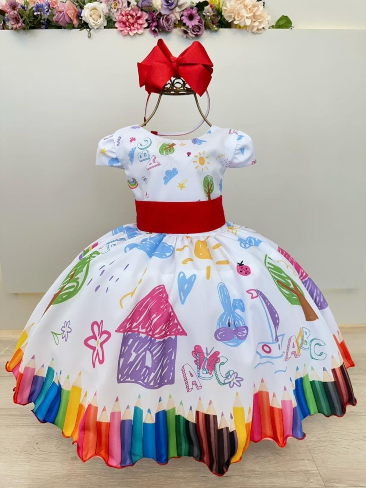 Infantil - Vestido Festa Branco Colorido Aquarela Formaturas Faixa Vermelha Rodado Social Luxo Aniversário Juvenil Menina Passeio Princesa