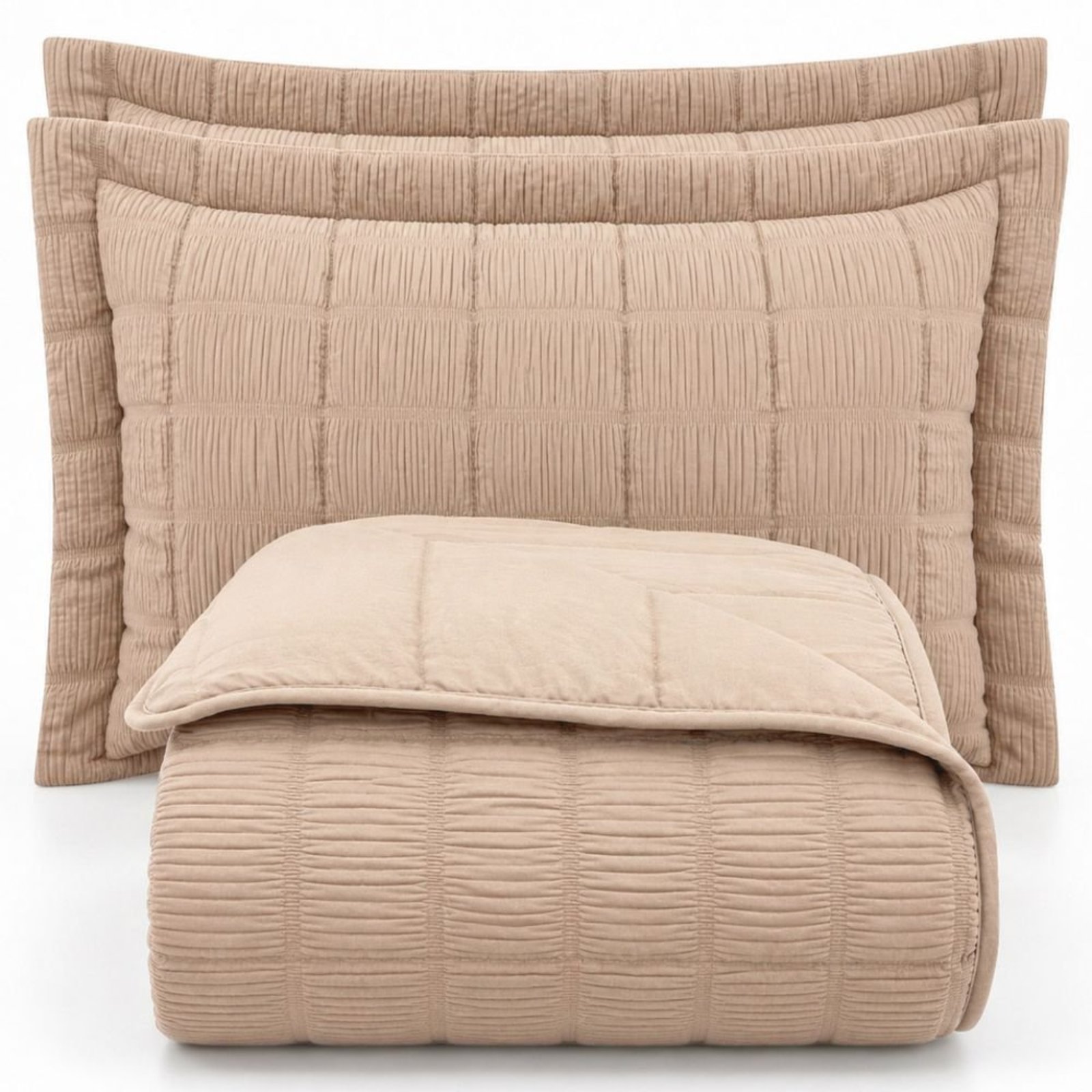 Kit Cobre Leito Linen Queen Micropercal 300 Fios Matelassê Colcha 3 Peças Efeito Creponado Areia