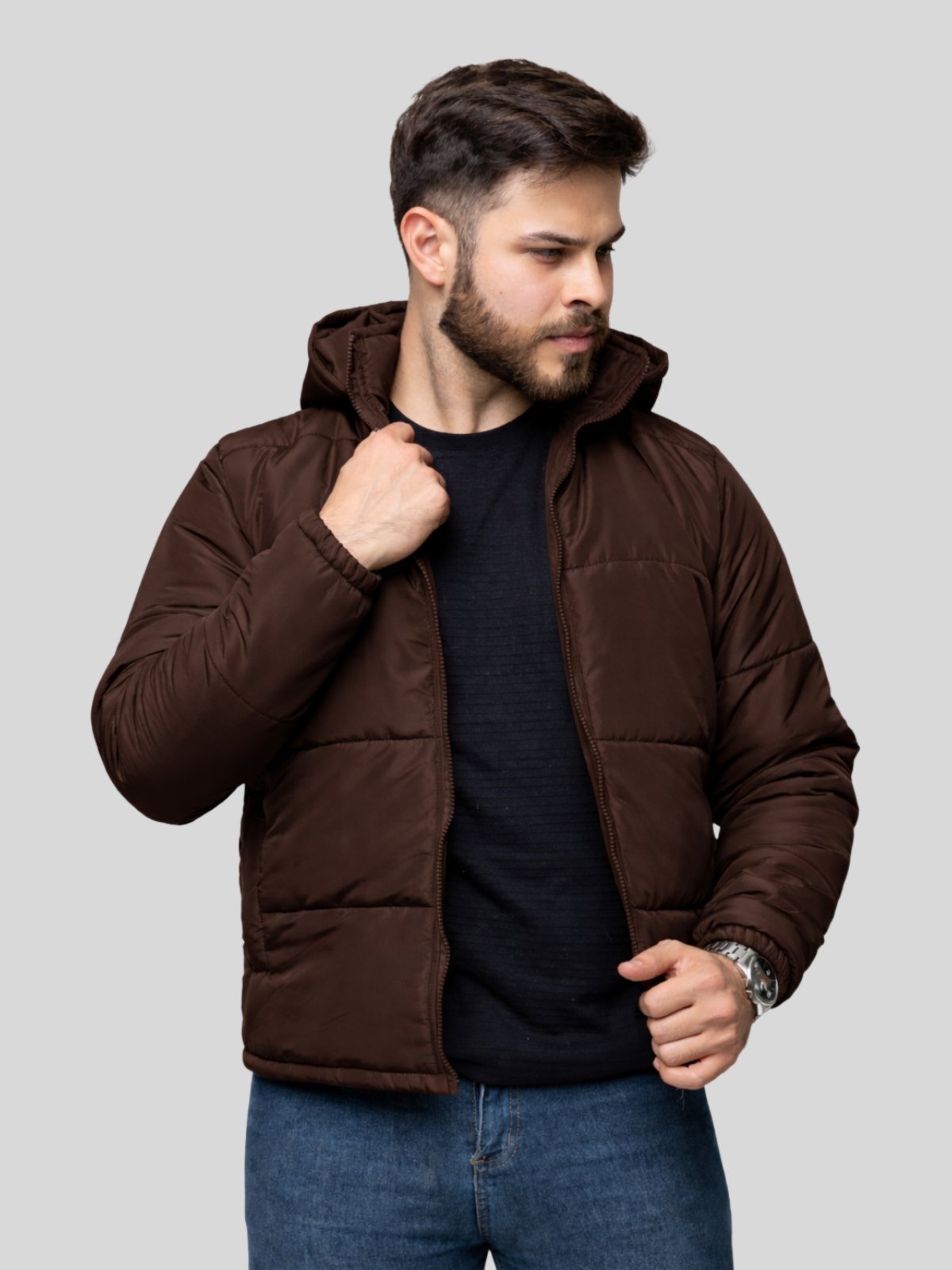 Jaqueta Puffer Bobojaco Masculina Com Capuz Removível Marrom