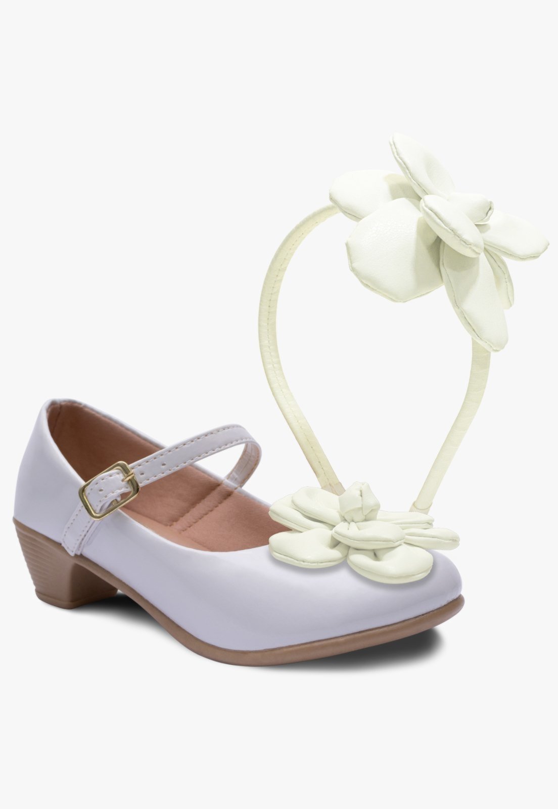 Infantil – Kit Tiara e Sapato Salto Feminino Pópidi Sapatilha Petalas Branco