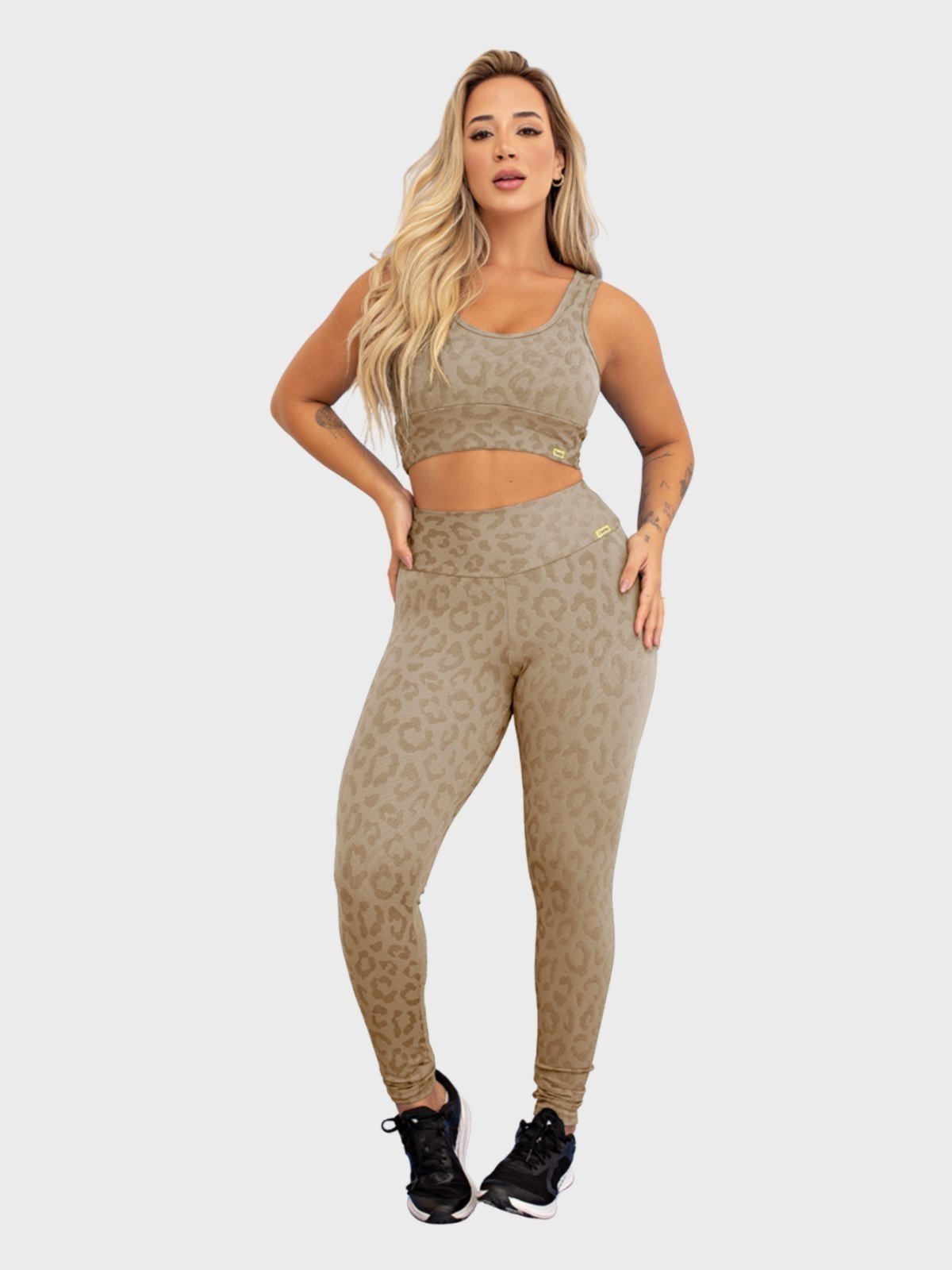 Conjunto Fitness Tarelles Top Calça Legging Textura Onça Bege