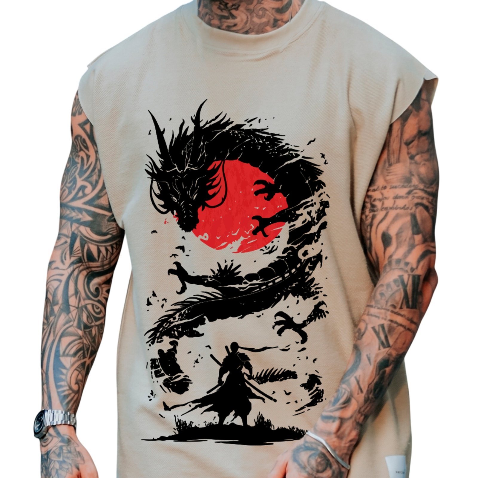 Camiseta Regata Machão Ousy Samurai Dragão Oversized Masculina Off White