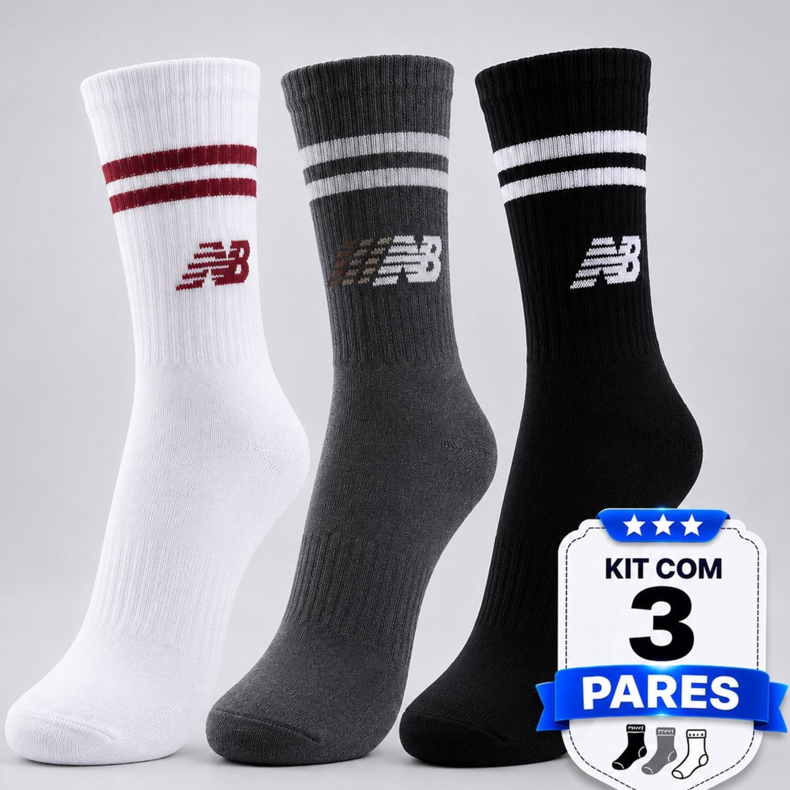 Kit Meia New Balance Cano Alto 3 Pares Branco Cinza e Preto