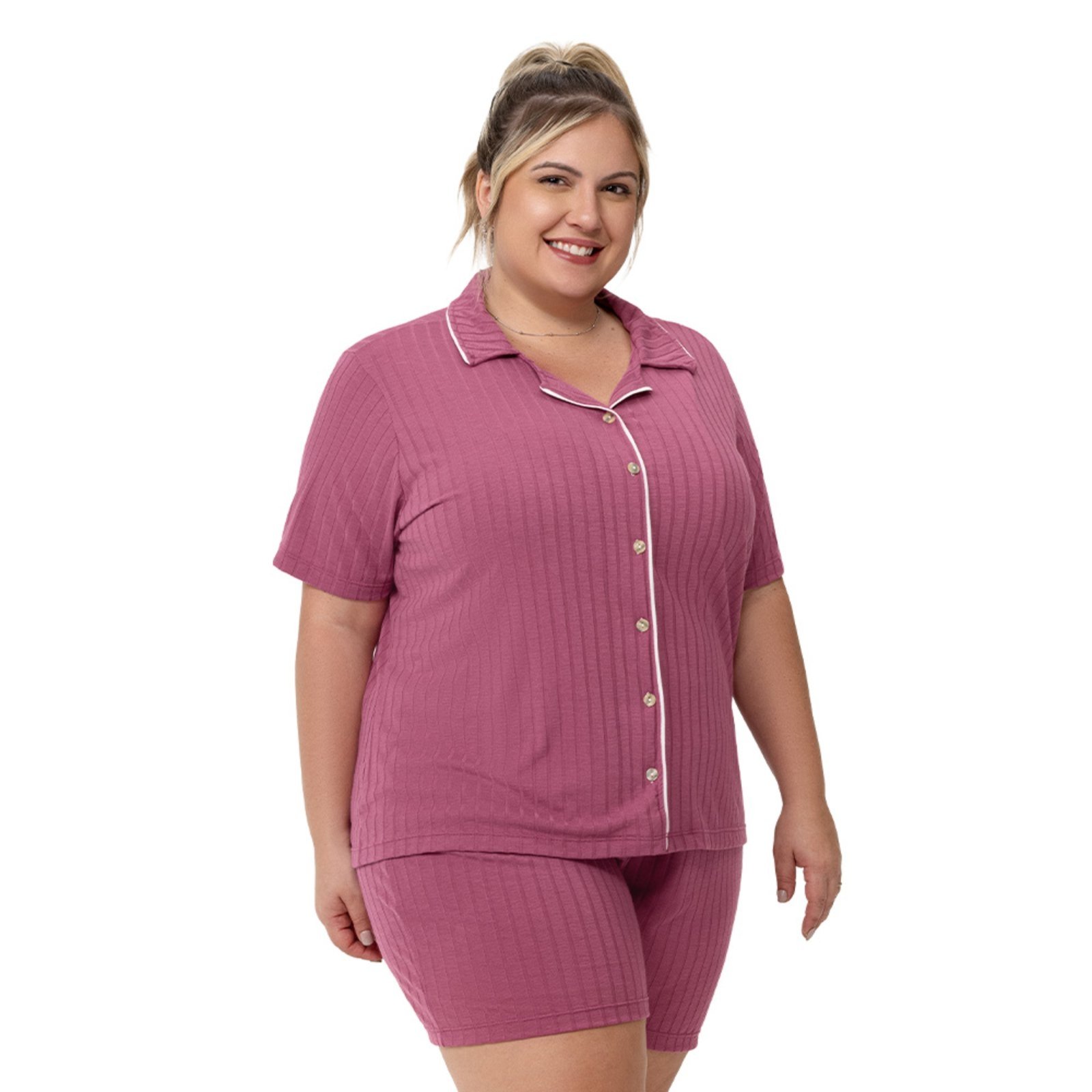 Pijama Curto Abertura Frontal com Botões Plus Size Dusty Pink