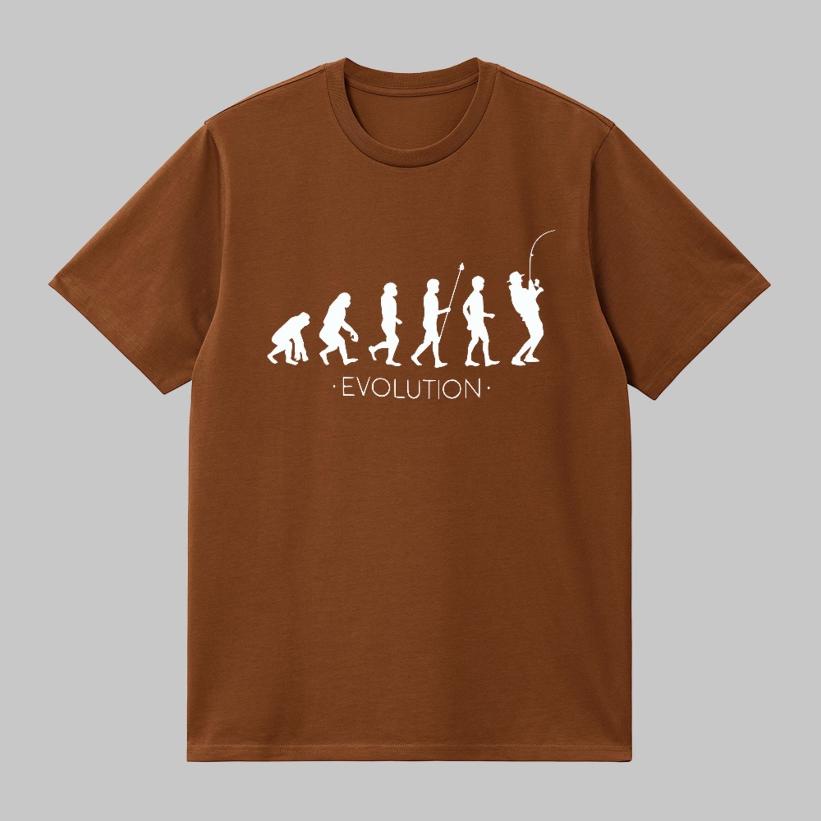 Camiseta Básica Evolução Do Homem Pescaria Estilo Geek Marrom
