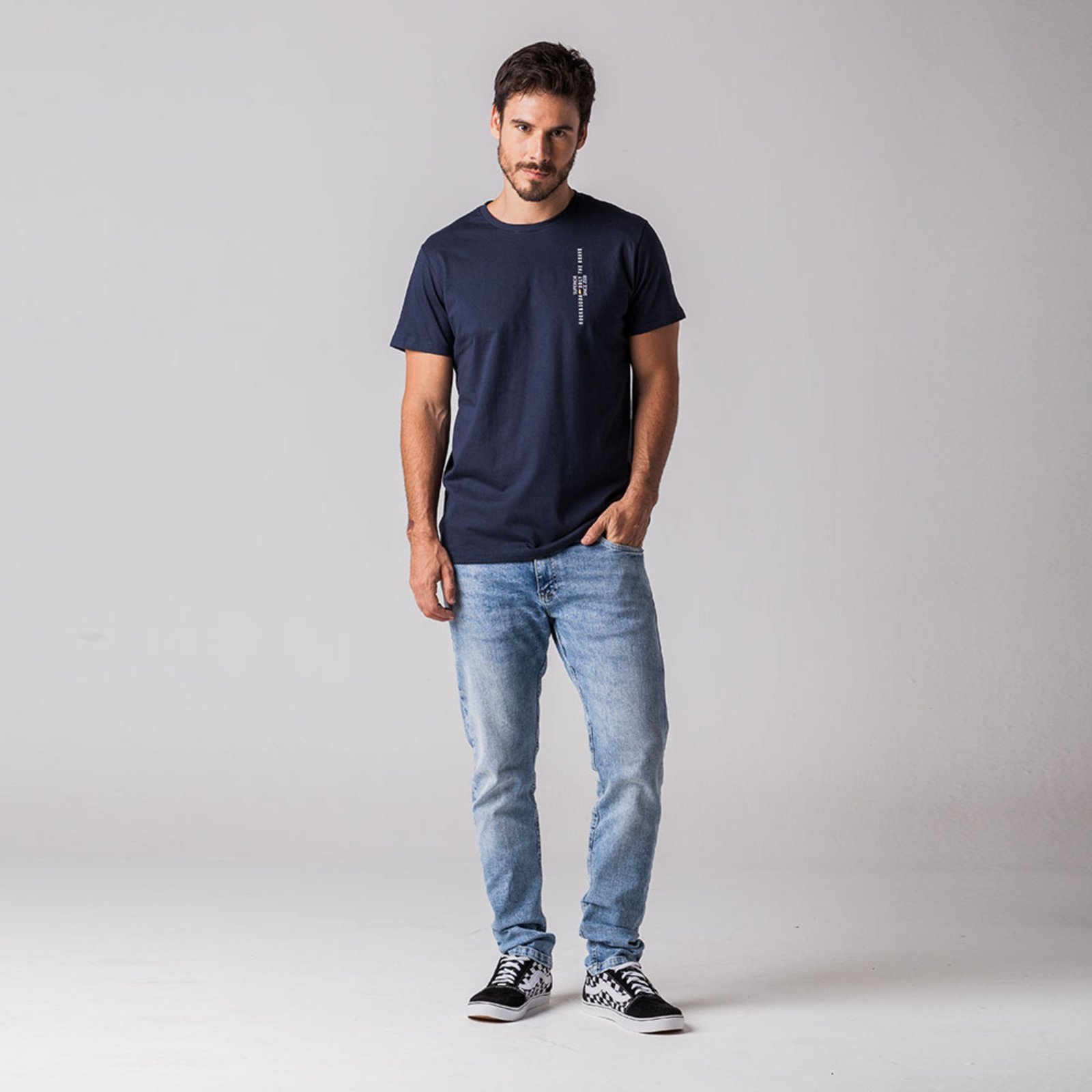 Camiseta Masculina Azul Estampa Rock e Soda Marinho