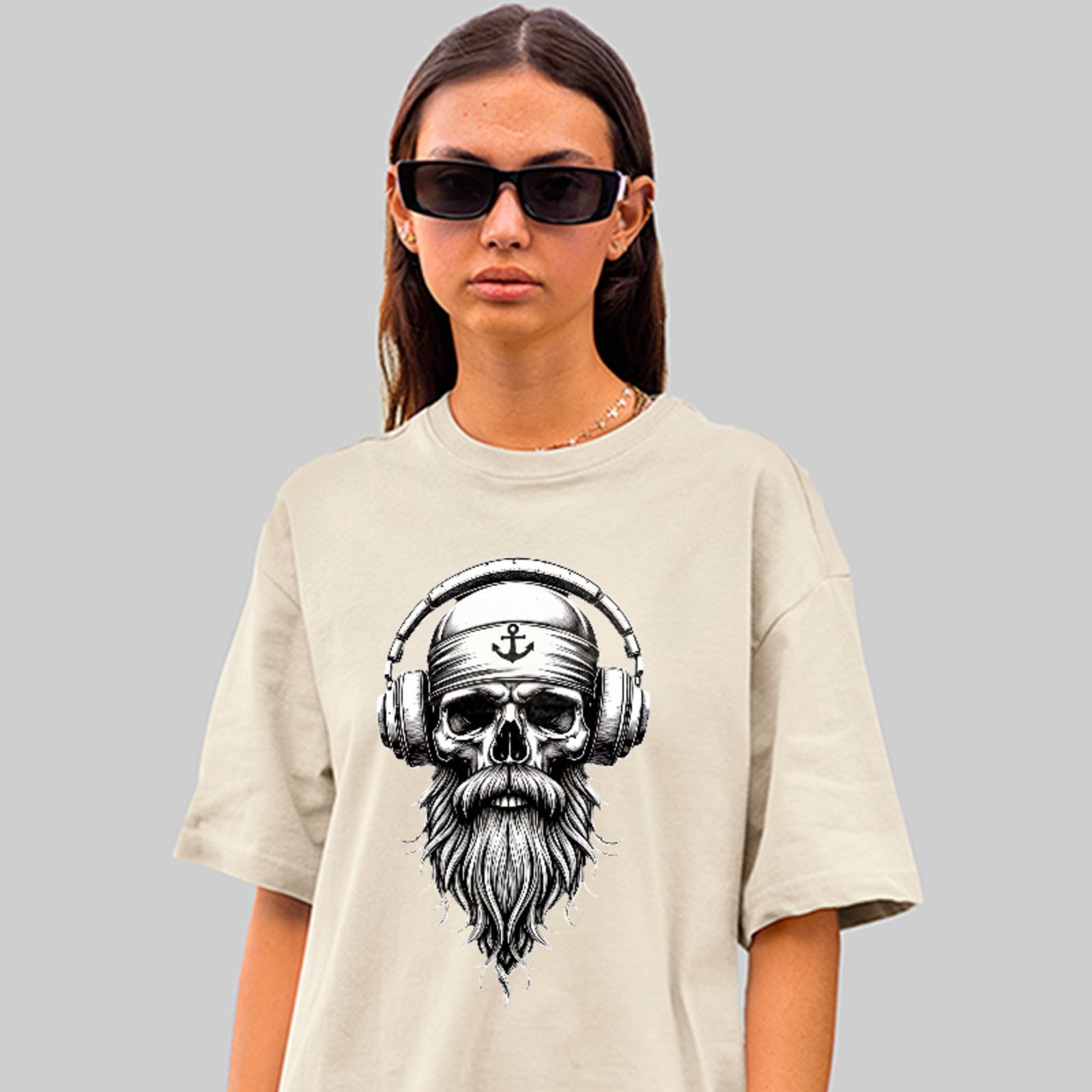 Camiseta Oversized Premium Skull Beard Headphones Streetwear Unissex Off White