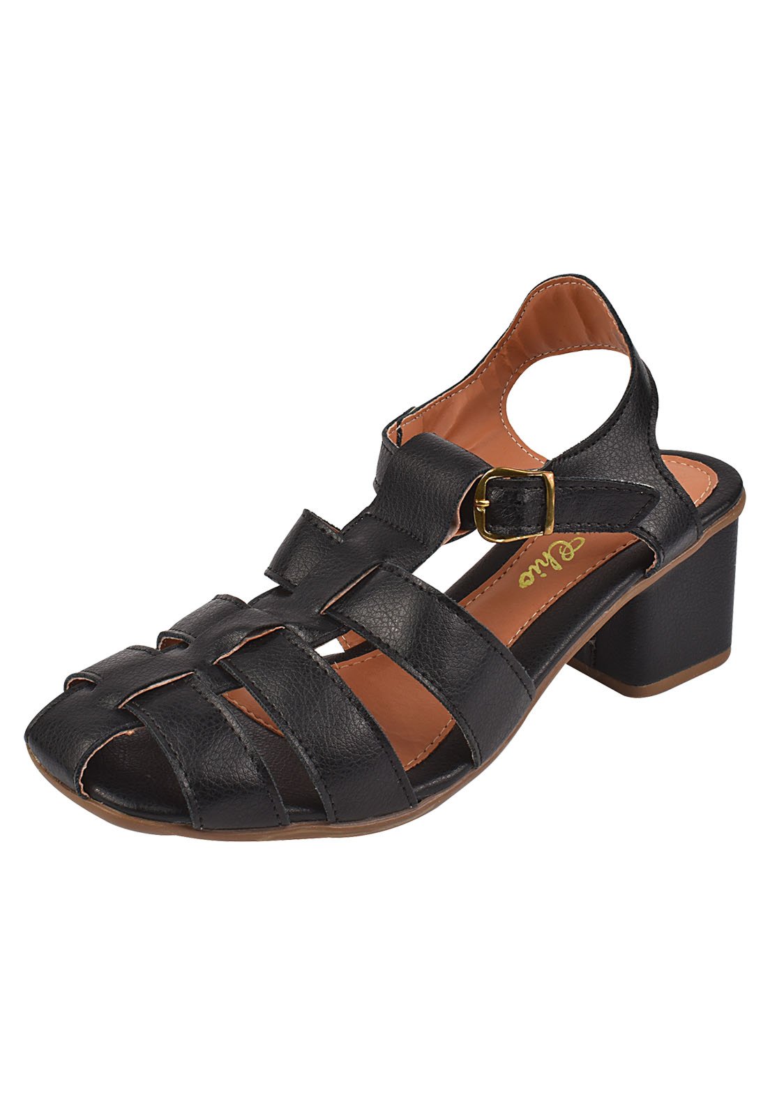 Sandália Salto Grosso Rosa Chic Calçados Feminino Salto Baixo Bloco Bonnie Fisherman Bico Quadrado Preto