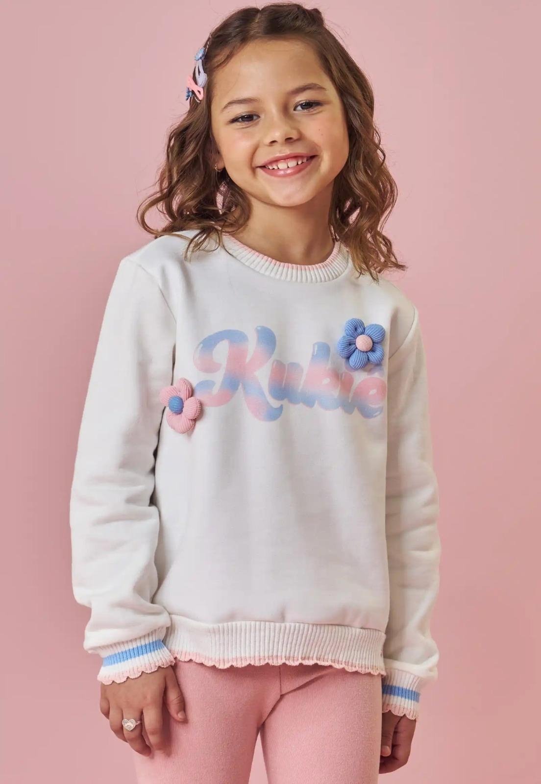 Infantil - Blusa Manga Longa Branco Flor Bordada Kukiê 2 Branco