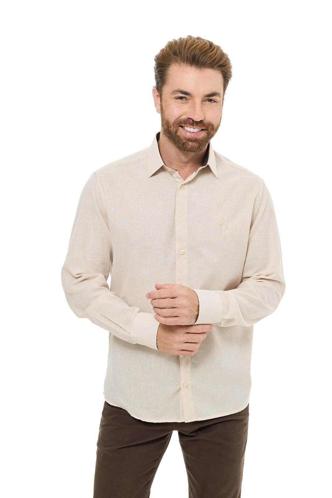 Camisa Social Masculina Olimpo Slim Fil a Fil Manga Longa Bege