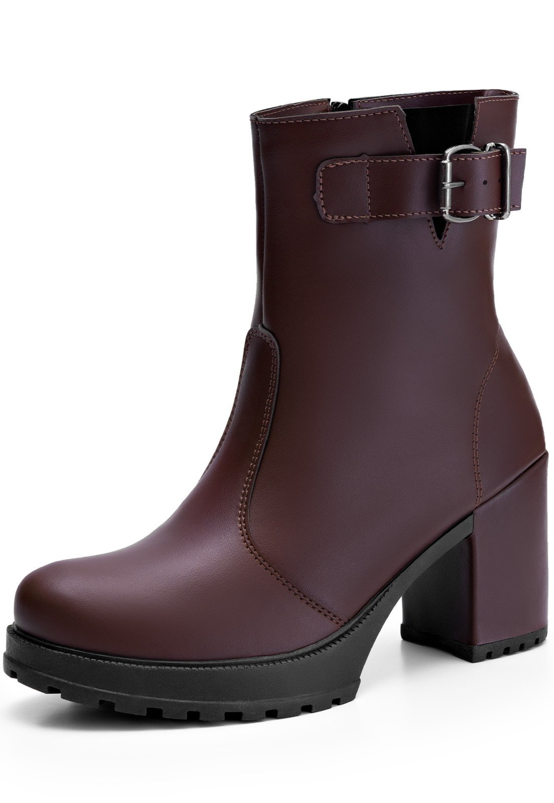 Bota Feminina Lumiss Tratorada Confortável Cano Curto Salto Bloco Fivela Marrom